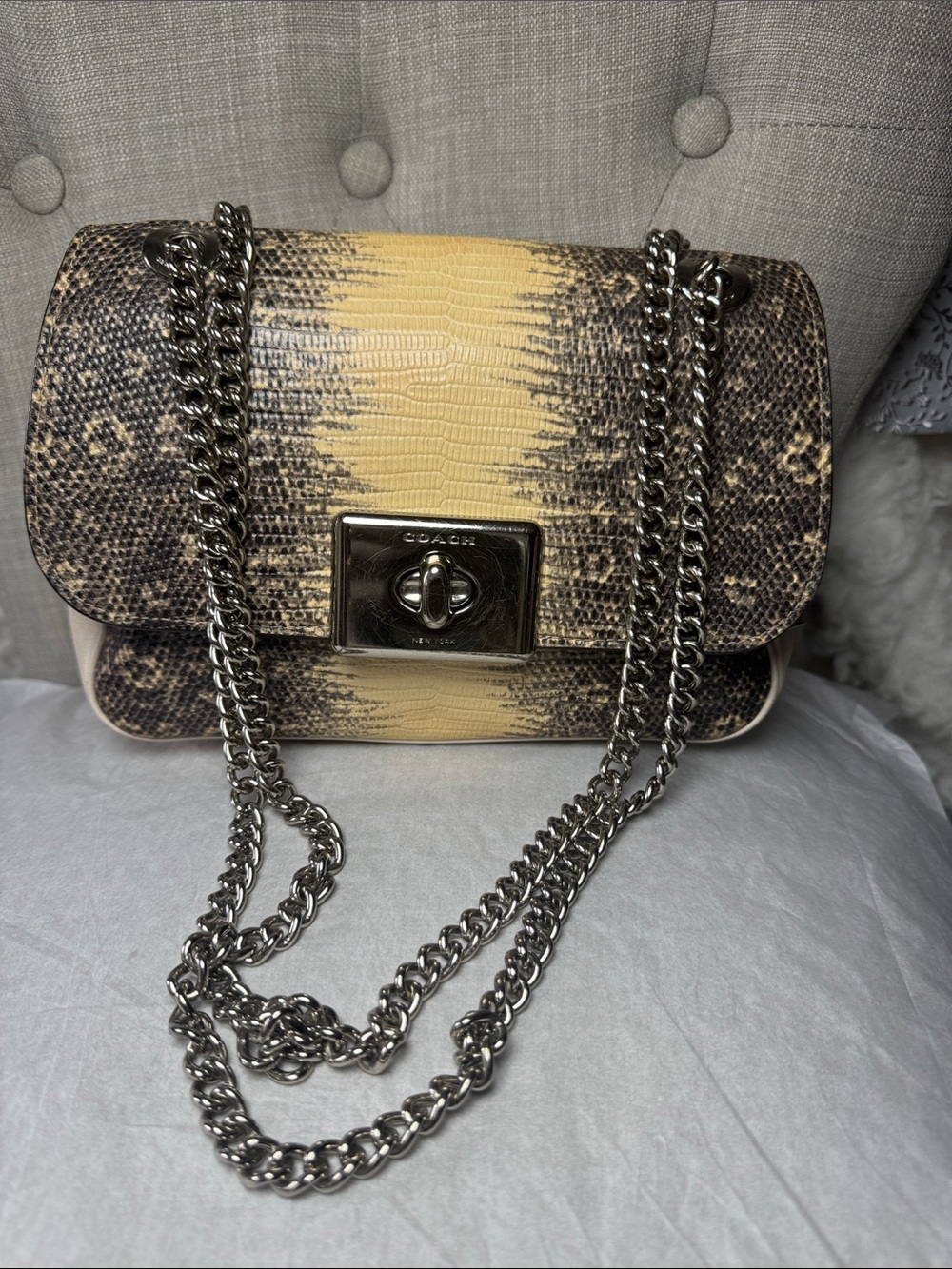 Coach Yellow and Brown Snakeskin-Effect Chain Shoulder Bag